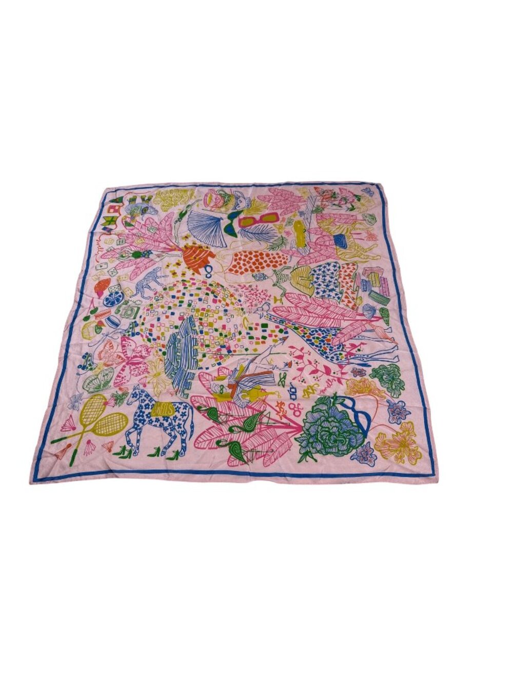 Swells Colorful Printed Silk Scarf 24"x24" Featuring Equestrian & Floral Design